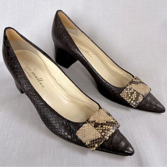 BETTYE MULLER LADIES HEELS SHOES 40 BROWN PYTHON LEATHER TEXTURED BOW POINTY - Picture 16 of 16